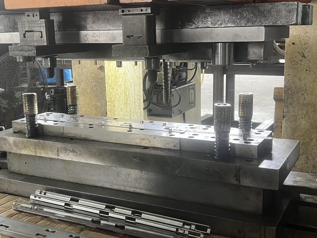 Progressive stamping die in the press
