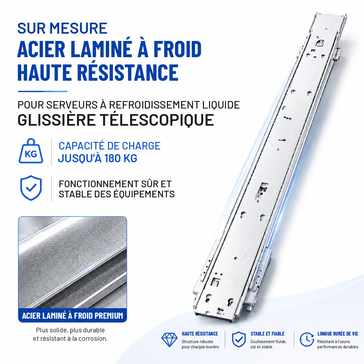 Glissière télescopique de serveur MetrixSlide en acier laminé à froid haute résistance